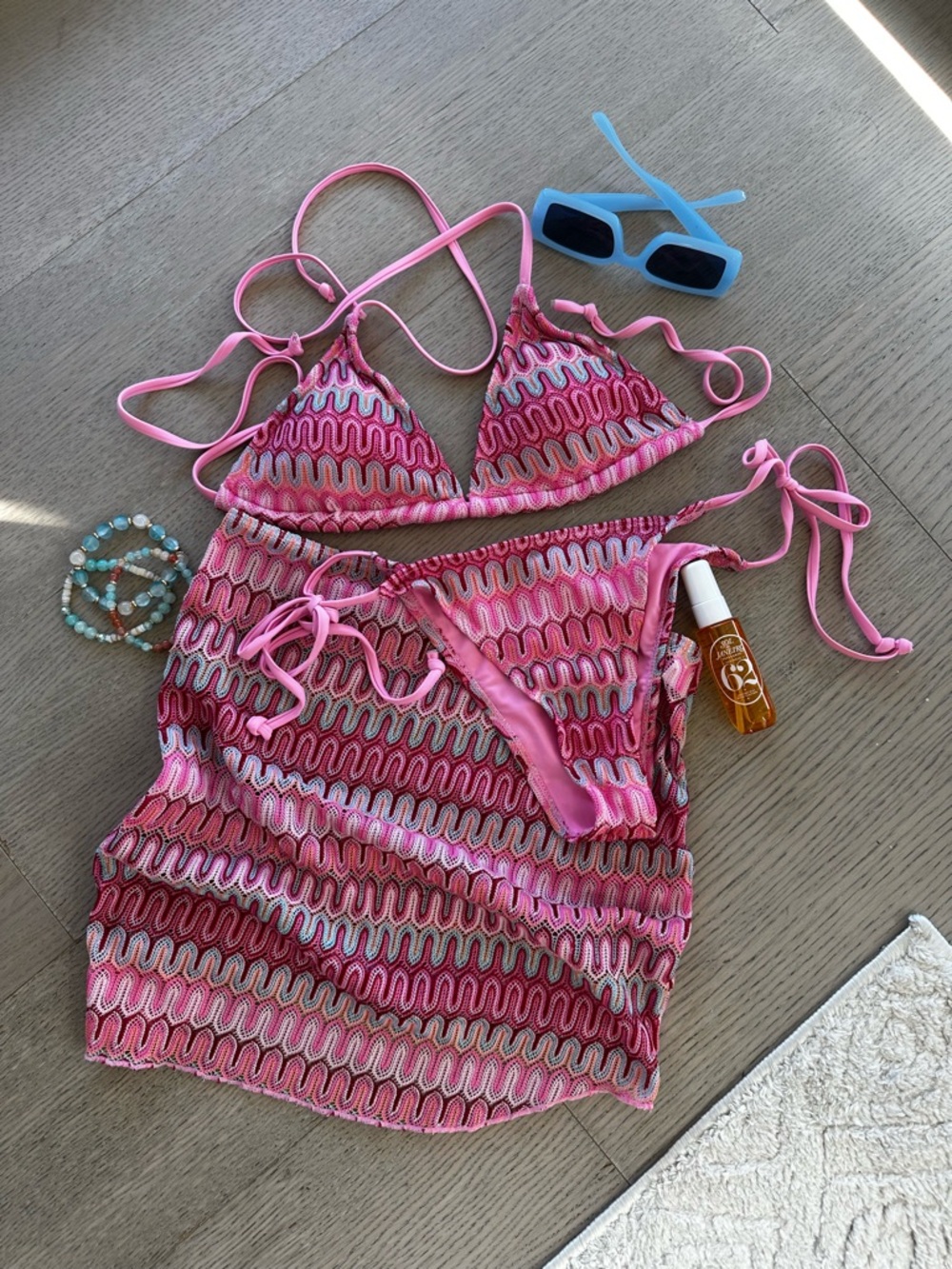 Pink Patterned Crochet Bikini Set